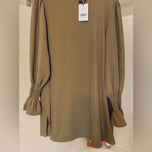 Tan-Olive Mini Dress. Size Large. Gathered long Sleeve Wrist. Round Collar. NWT